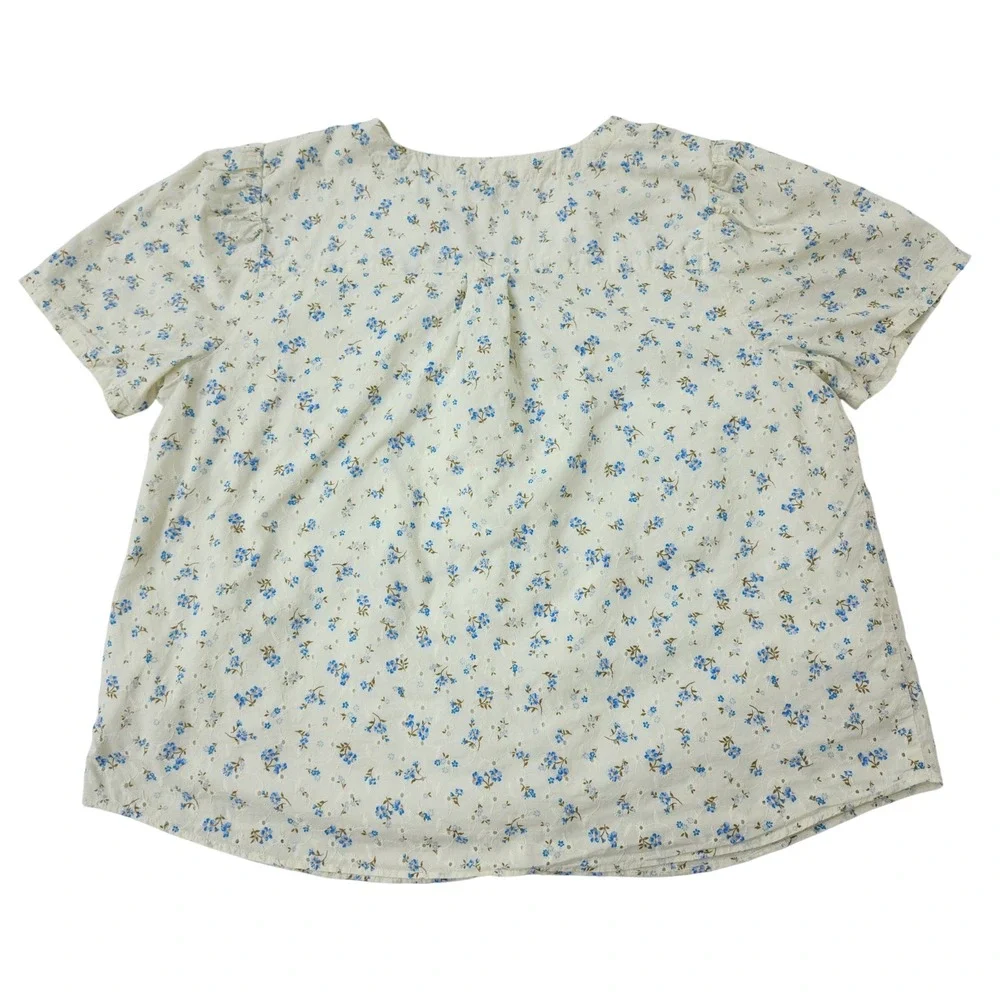 1.STATE Womens 2X Blue Floral Eyelet Button Front V-Neck‎ Short Sleeve Blouse